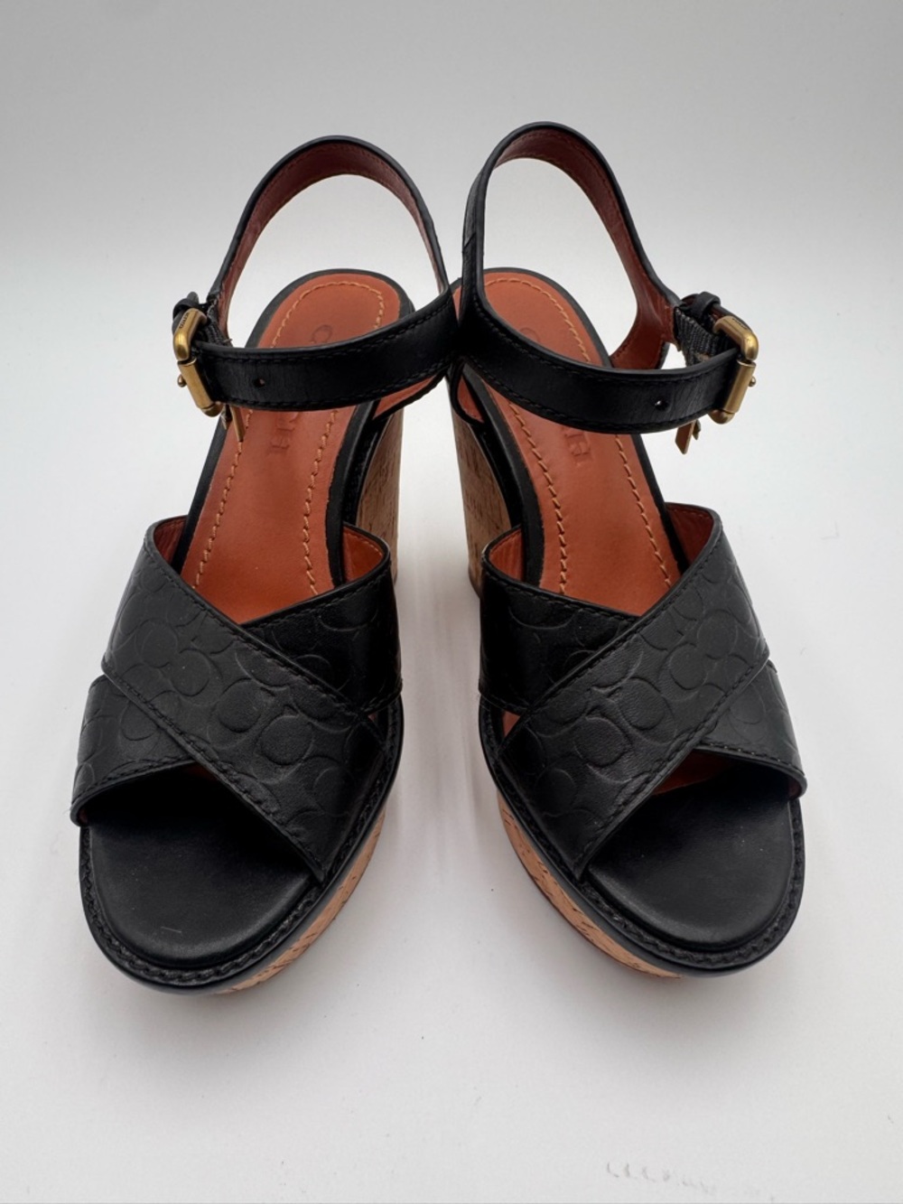 Coach Black Leather Cork Wedge Sandals with Gold Buckle - Picture 2 of 10
